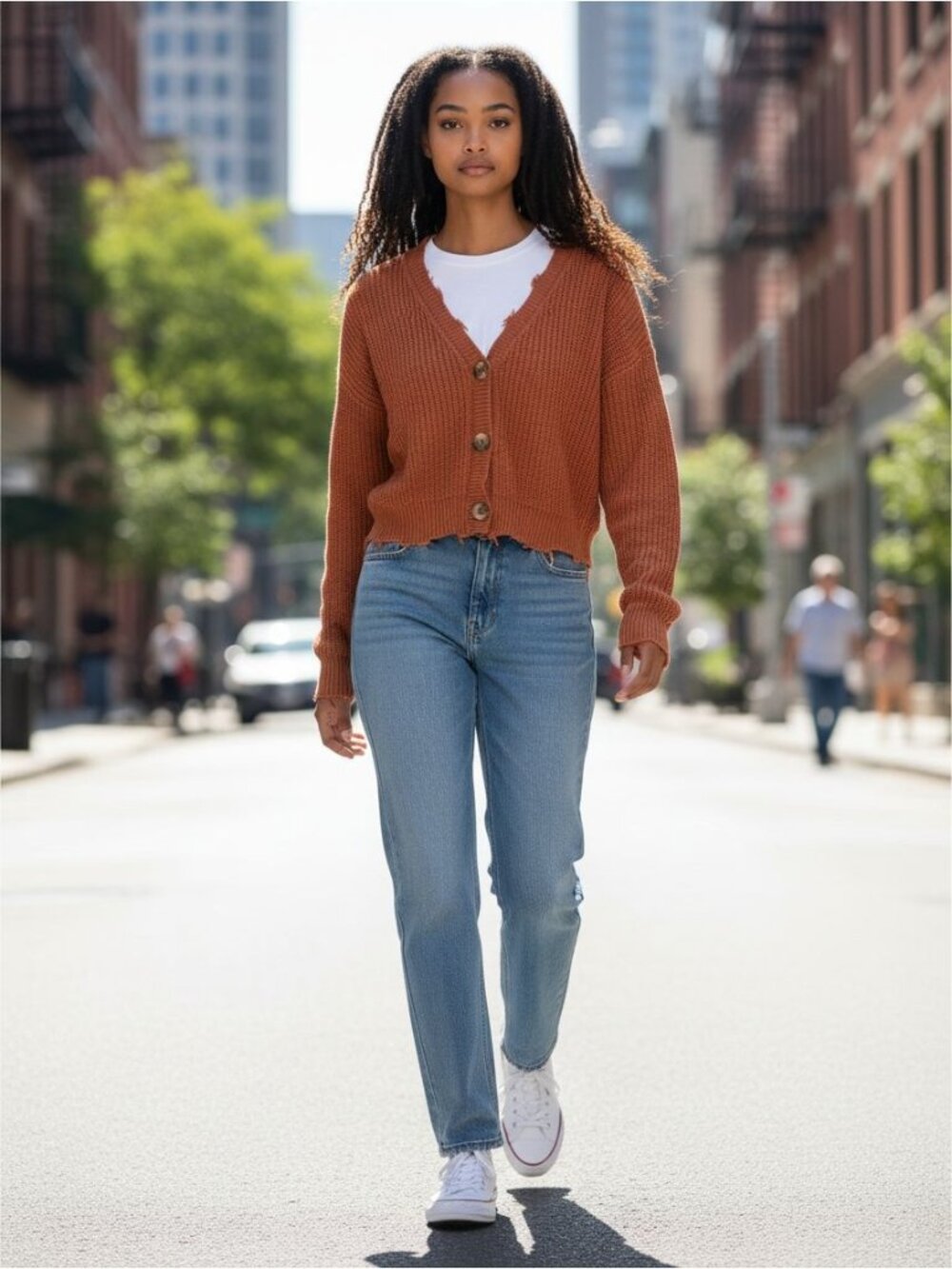 Moon & Madison Rust Orange Button-Up Knit Cardigan Distressed Hem S 100% Cotton